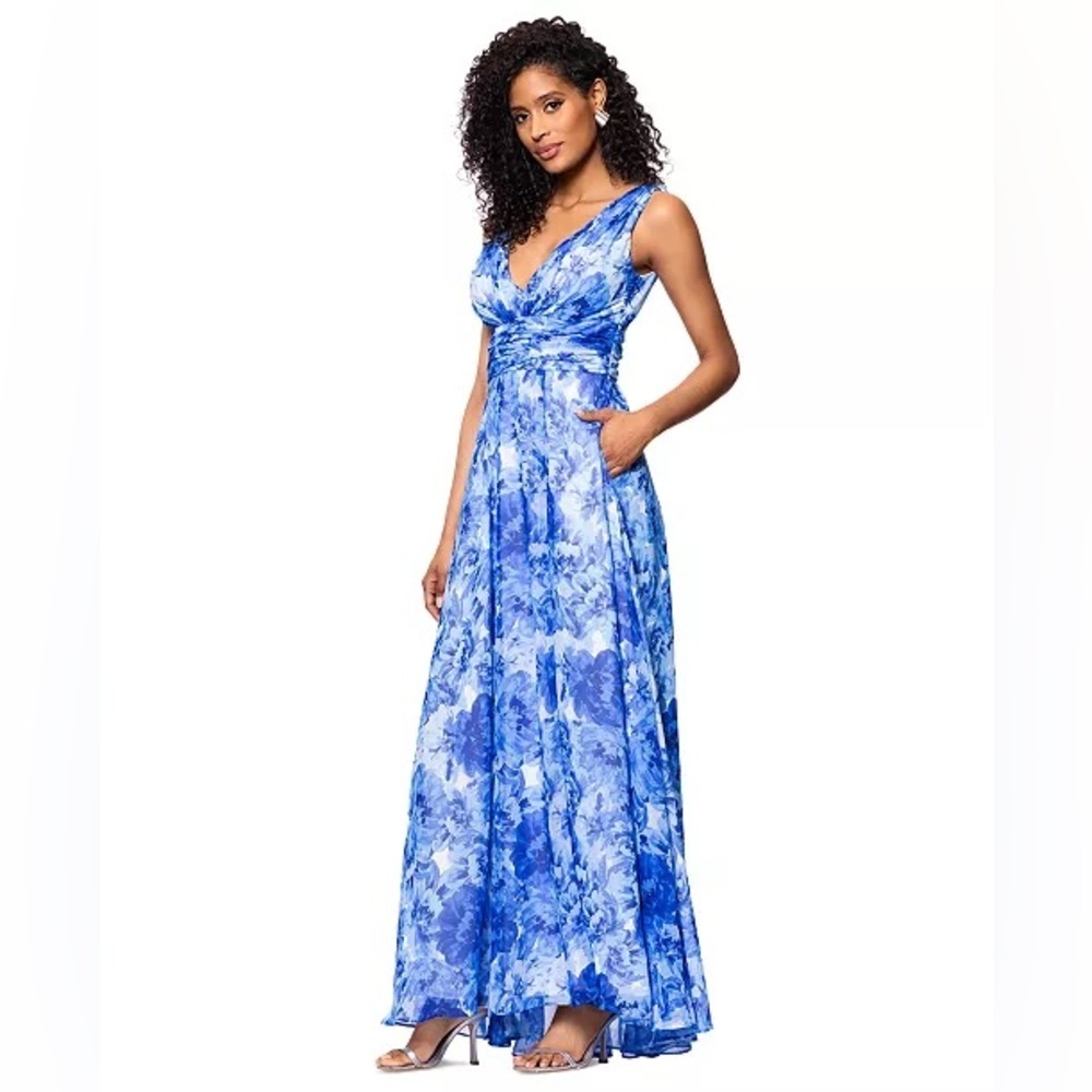 Betsy & Adam (G2) Women's Floral V-Neck Ruched-Waist Gown NWT SIZE 4